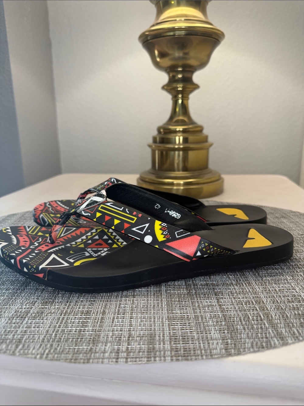 Fendi Black Tribal-Print Thong Sandals with Red, Yellow & White Accents - Picture 5 of 6